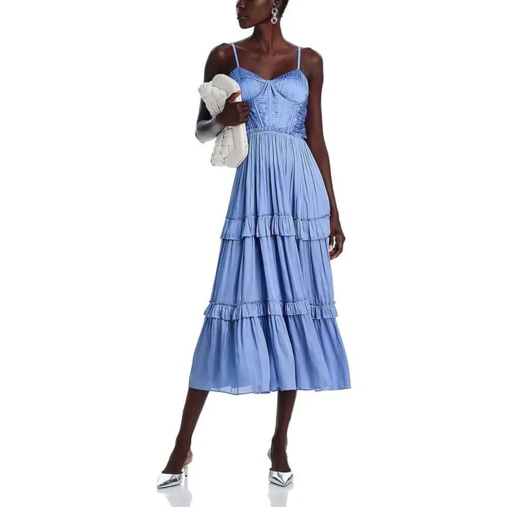 Aqua Womens Blue Below Knee Bustier Tiered Midi Dress NWOT